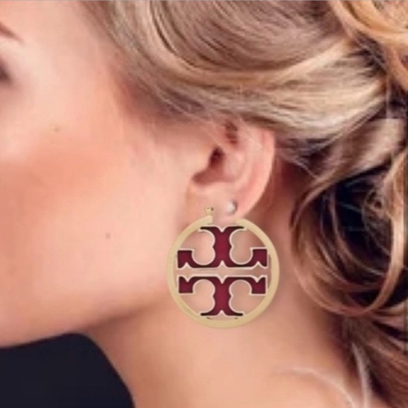 Tory Burch Red Enamel and Gold Miller Logo Earrings NWT - Picture 1 of 5